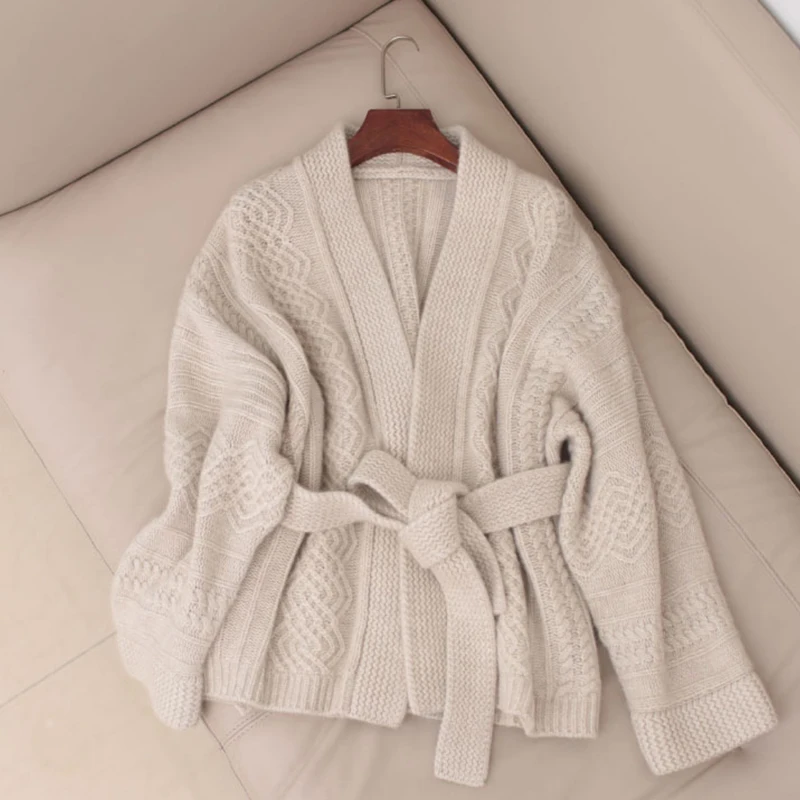 FMFSSOM осень зима шерстяной вязаный свободное с пояском Длинный Элегантный