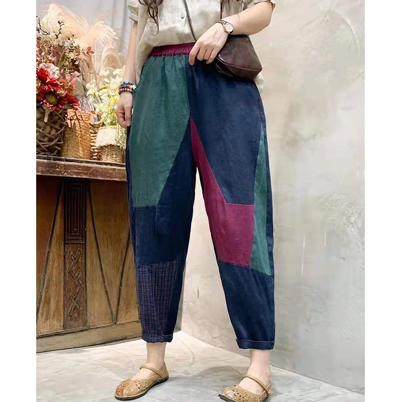 

Max LuLu European 2021 Summer Design Ladies Patchwork Vintage Harem Pants Women Elastic Plaid Pantalons Linen Striped Trousers