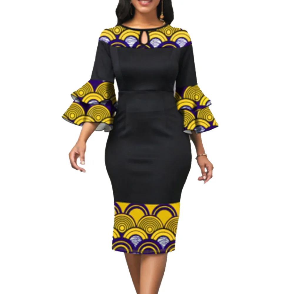 

Office Lady Women's Dress Spring Summer Fashion Temperament Elegant Designer Oversize African Printing Flared Sleeves Round Neck