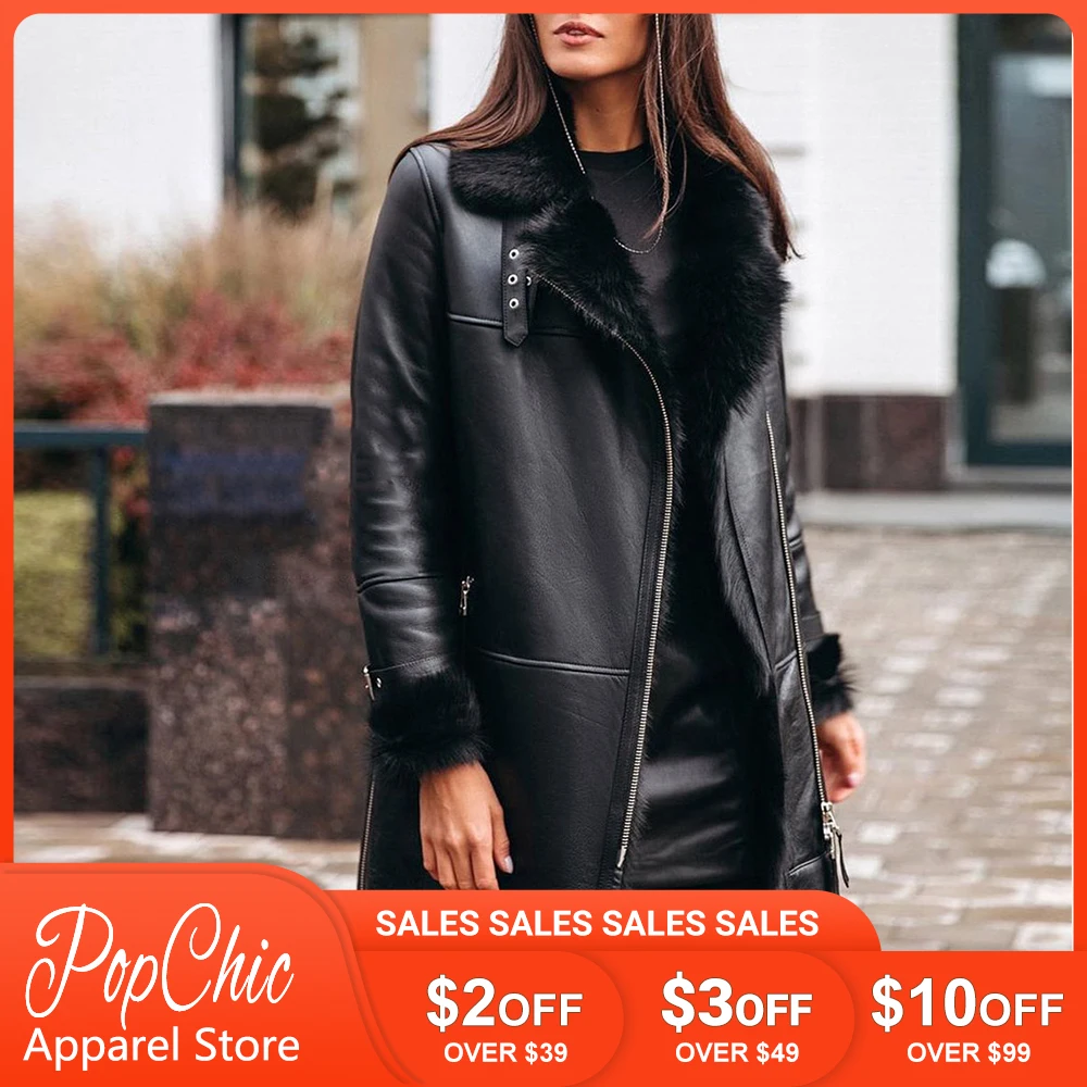 

Thick Faux Fur PU Leather Jacket 2021 Winter Women Coat Female Vintage Long Loose Zipper Aviator Overcoat Warm Plush Lining