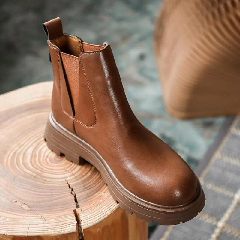 

Autumn Winter New British Retro Ladies Short Boots Riding Chelsea Thick Soles Simple Natural Leather Botines De Mujer
