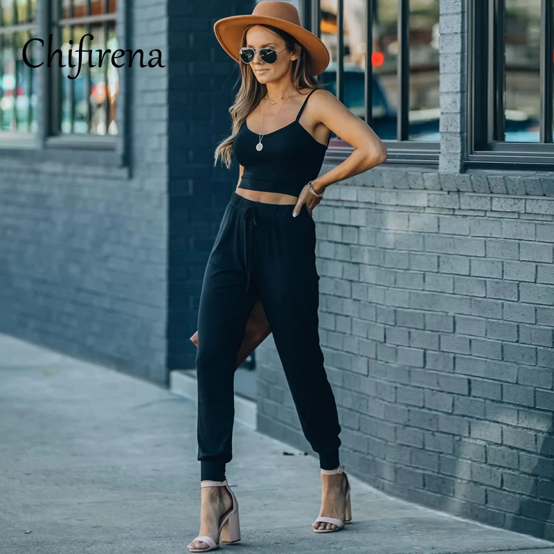

Chifirena 2021 Summer Women Two Piece Set Camis Crop Top and Slim Pants Set Workout Running Suit Casual Gym Streetwear Suits