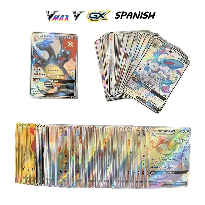 

100Pcs Pokemon Cards in Spanish Charizard Vmax GX Tag team Holographic Playing Cards Game Castellano Español Children Toy