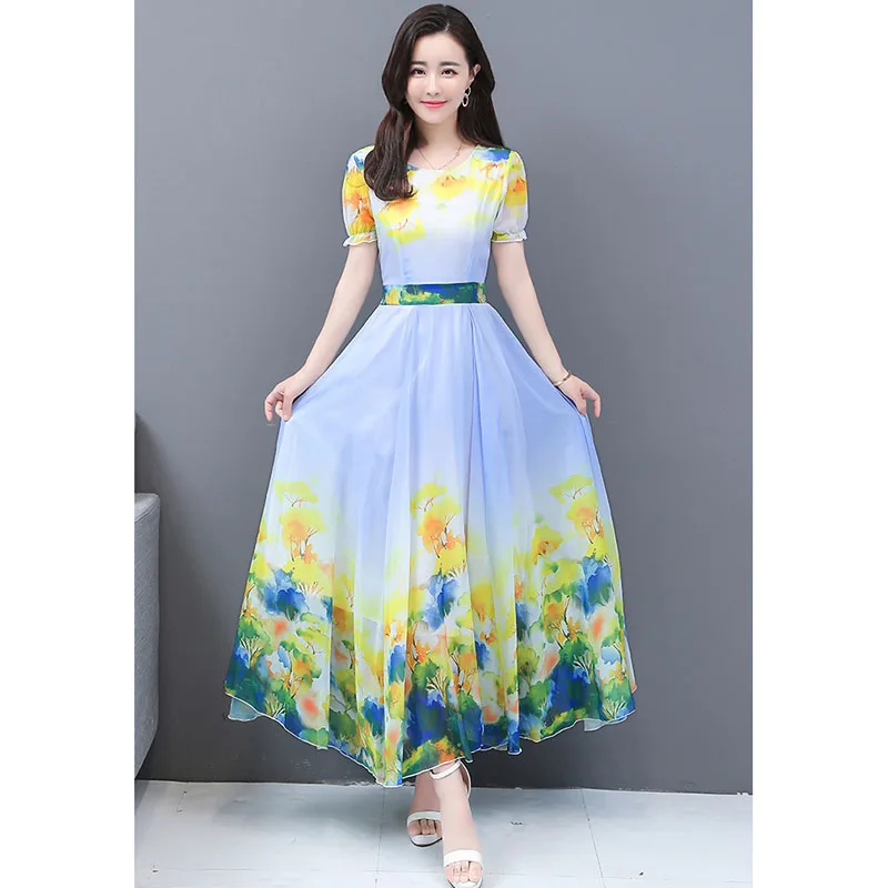 

2020 new women's Floral Chiffon dress summer fashion elegant long dress female Plus Size temperament Big swing dress 3XL T416
