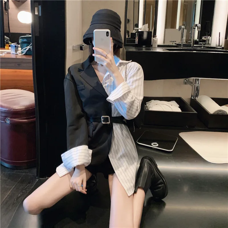 

Women Blazers Design Patchwork 2020 Fashion Spring Autumn Casual Korean Streetwear with Belt Coat Female Outwear Jacket Tops