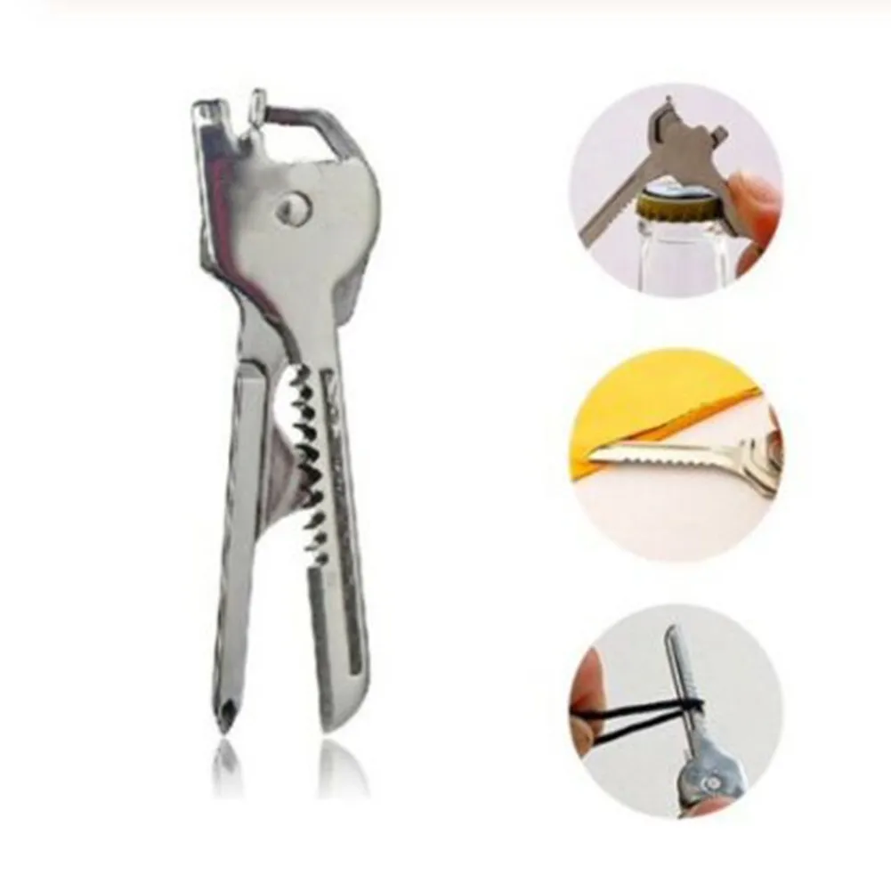 

6 In 1 Stainless Steel Mini Pocket Keychain Multifunction Key Shape Ring Opener Screwdriver Outdoor Camping Survival Escape Tool