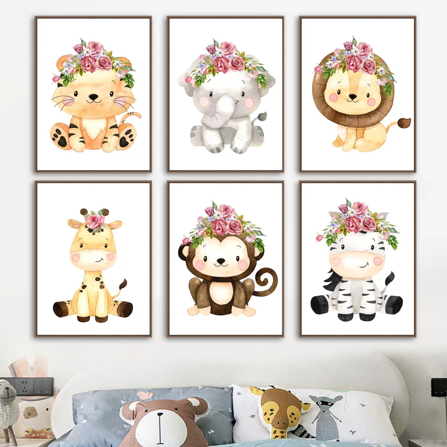 

Animal Cub Flower On Head Elephant Giraffe Zebra Lion Wall Art Print Canvas Painting Nordic Poster Wall Pictures Baby Room Decor