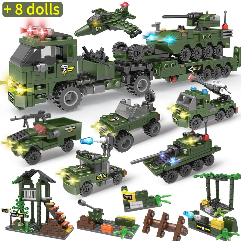 8 в 1 Военный танк самолет строительные блоки игрушка полицейский грузовик