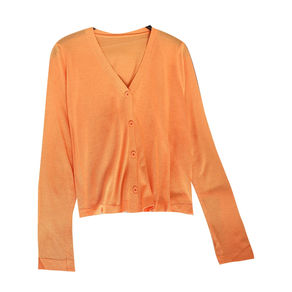 

thin solid women shirts 2020 summer new v-neck button long-sleeved loose lady female elegant knitted cardigan outwear coat tops