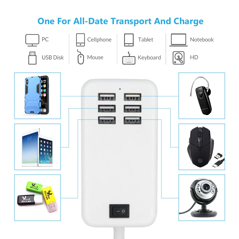 Высокое напряжение 5 В 6A 6-портовое гнездо для зарядки USB синий светодиодный