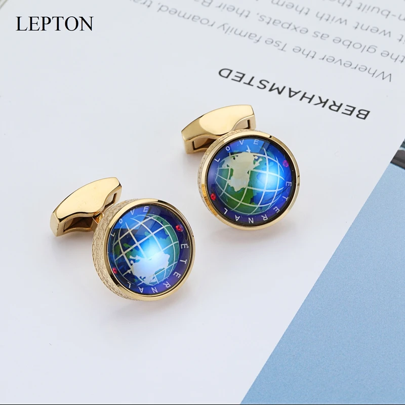 Hot Globe Earth Cufflinks Gold Colors Lepton Stainless steel Rotatable globe planet earth World Map Cuff links Wedding For Mens