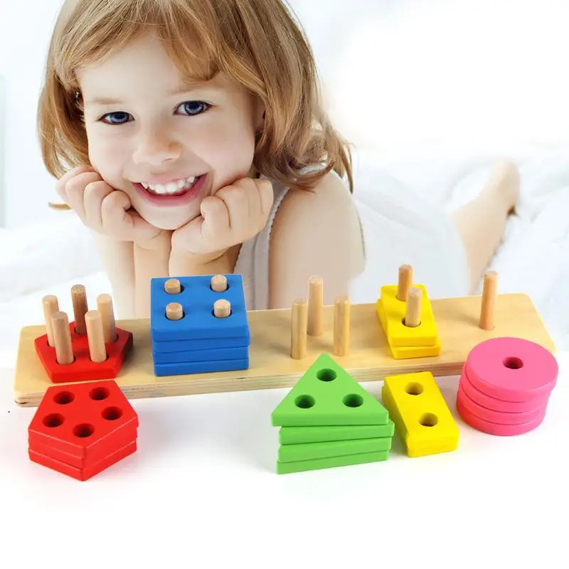 

Деревянные игрушки Монтессори, набор геометрических форм, головоломка-колонка, пять колонн, распознавание цветов, раннее развитие, подходя...