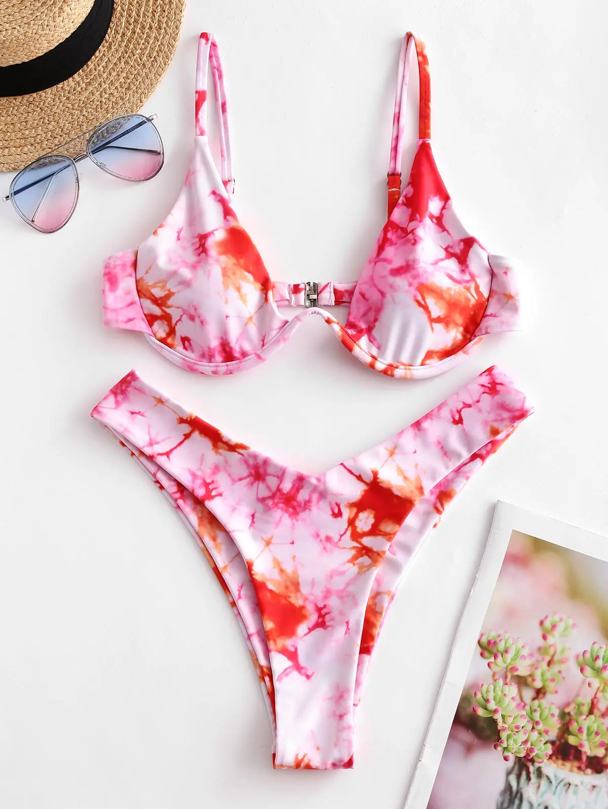 Женский купальник ZAFUL бикини с завязками и краской на косточках высокой талией