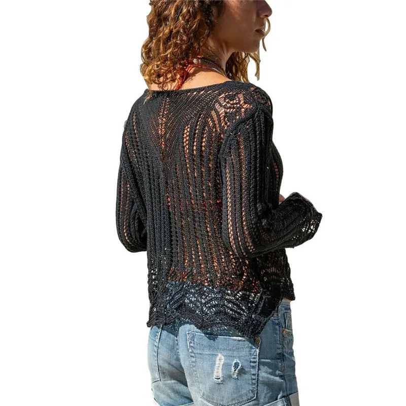 Женский кружевной свитер вязаный пуловер с длинным рукавом в стиле бохо пляжный