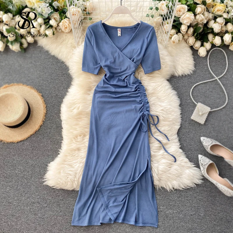 

SINGRAIN Drawstring Ruched Women Dress Summer Slim Short Sleeve V Neck Sexy Split Party Dress Korean Solid Streetwear Midi Dress