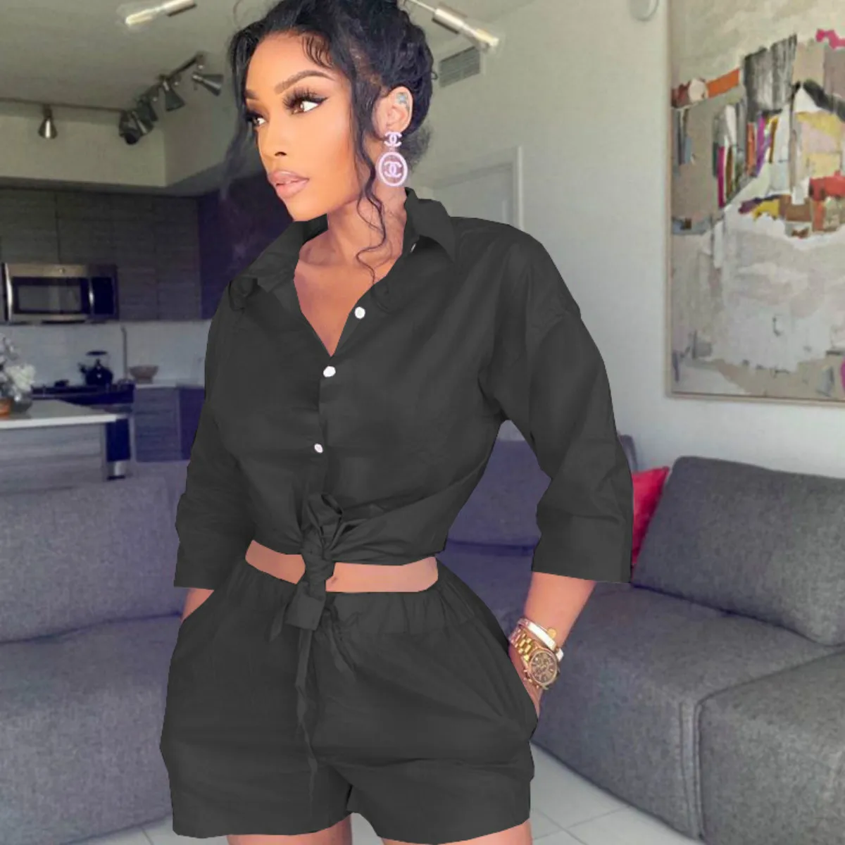 

Women's New Solid Color Double Pocket Shirt Suit