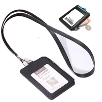 pu leather id badge holder with zipper porte bus pass case cover slip men womens bank credit card holder with polyester lanyard