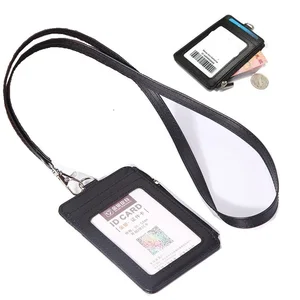 pu leather id badge holder with zipper porte bus pass case cover slip men womens bank credit card holder with polyester lanyard free global shipping