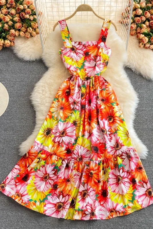

Girl Sleeveless Printed Spaghetti Strap Dress Ladies Elegant Big Swing Dress Fashion Women A-line Long Dresses