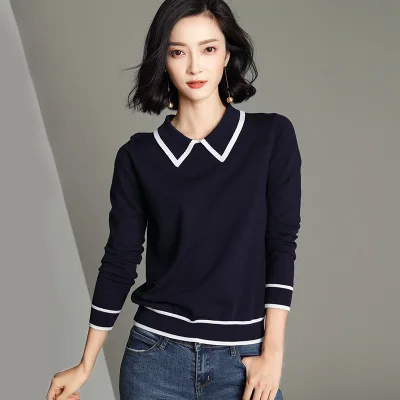 navy blue Модная элегантная женская одежда, пуловер с отложным воротником и длинным рукавом, вязаные свитера, облегающие Женские топы, вязаная одежда kz541 - Цвет: navy blue