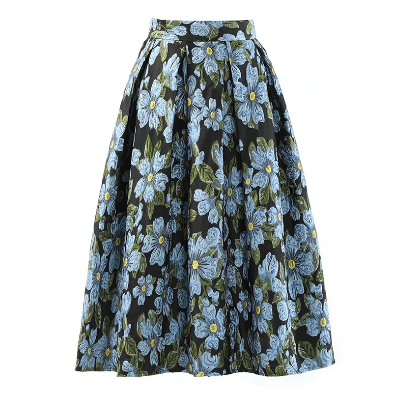 

Юбка-трапеция женская с завышенной талией, винтажная модная до колена, с принтом синих цветов, весна-осень 2021