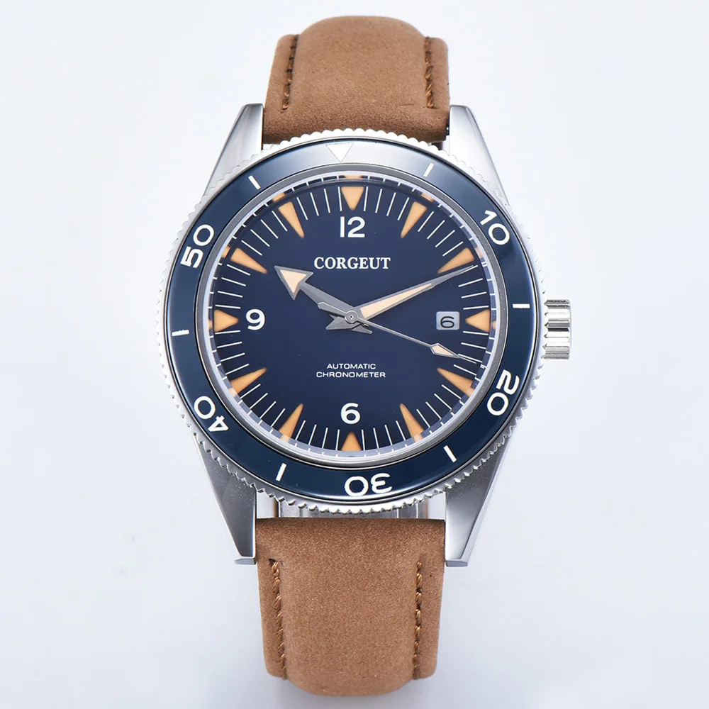 

Corgeut 41MM blue Dial Steel Case blue Bezel Sapphire Glass Leather strap miyota Automatic mens date watches