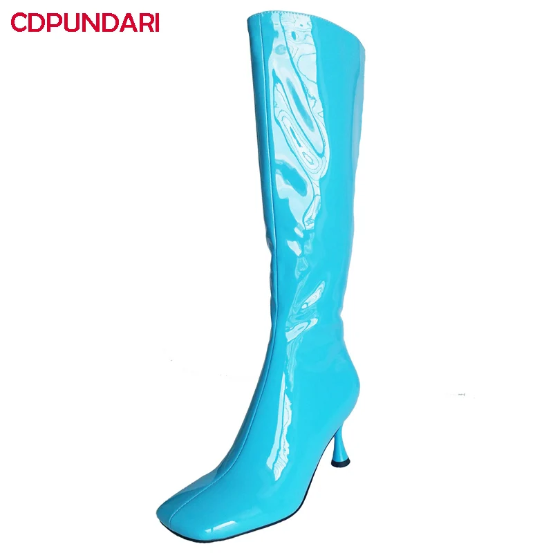 Новые женские лакированные кожаные сапоги до колена с квадратным носком на