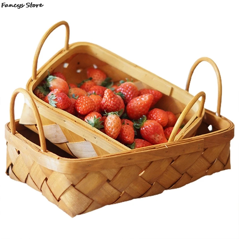 

8*8*11cm Bamboo Woven Picnic Basket, Fruit And Vegetable Drain Basket, Dried Flowers Rural Style Photo Storage With Handles Wood