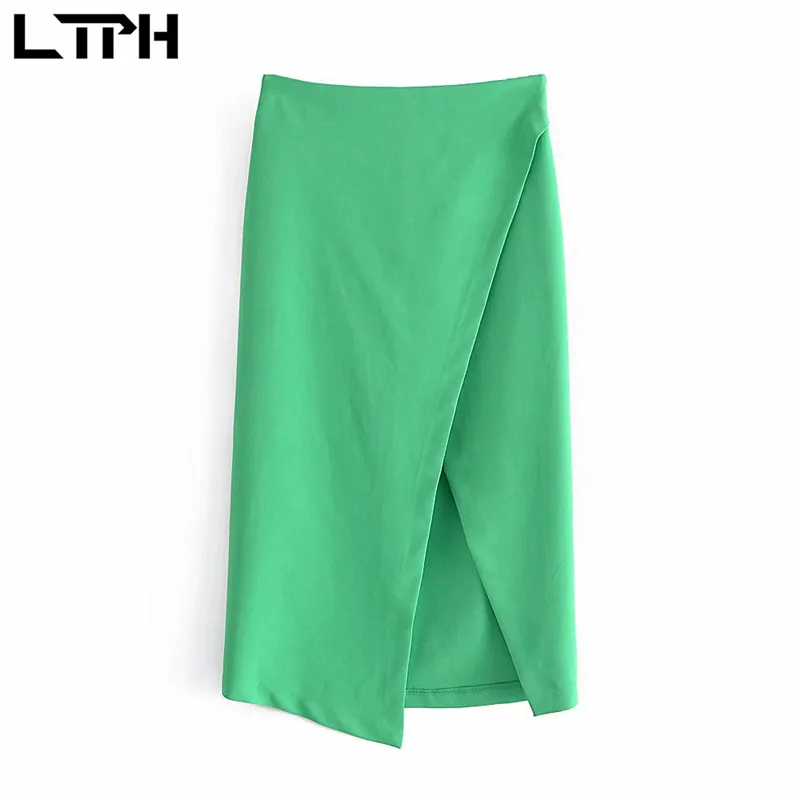 

LTPH elegant green midi skirt women zipper high waist split double placket design korean fashion skirts 2021 autumn new