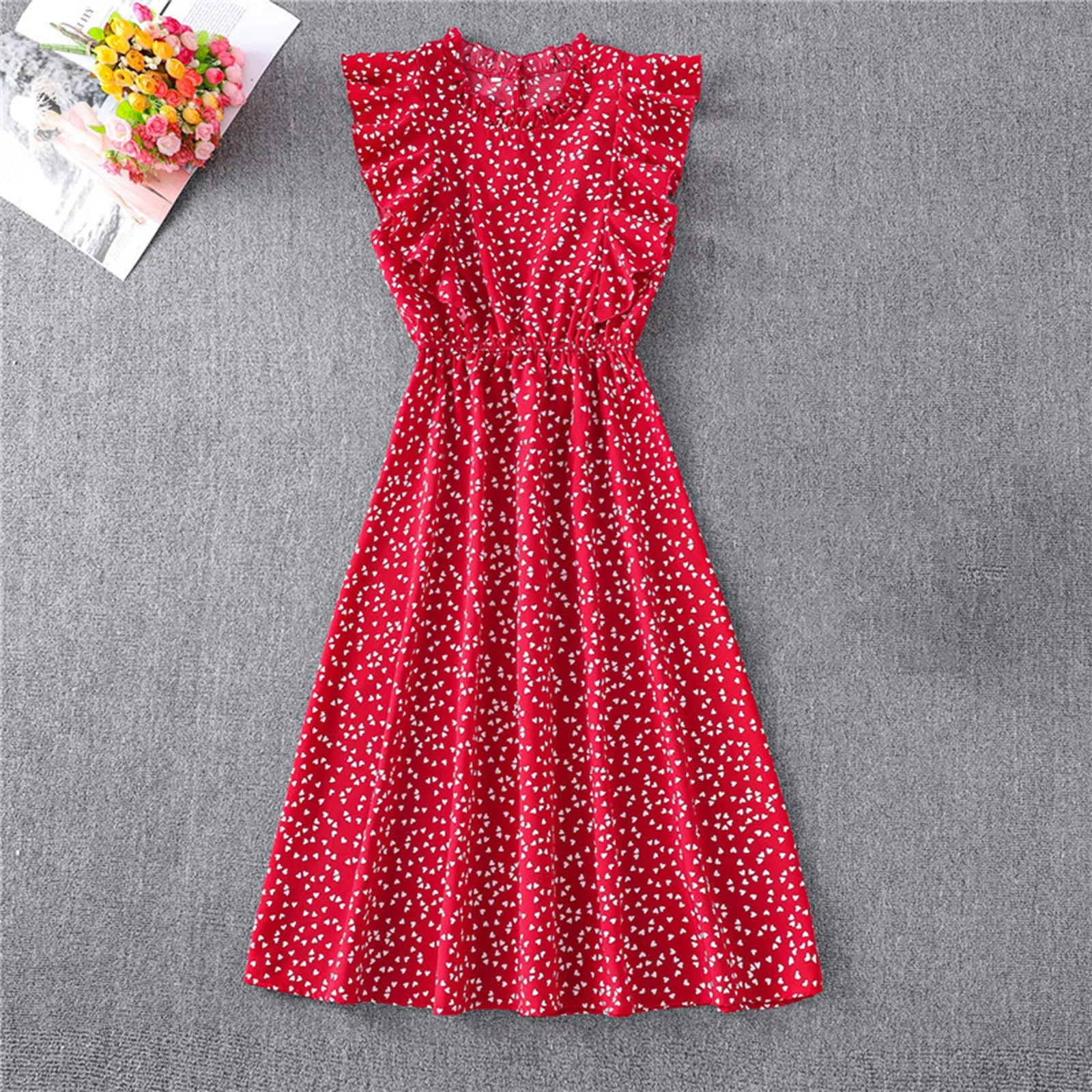 

Summer Dress Women's Dot Print Butterfly O-Neck Sleeveless Ruffles Chiffon Ankle-Length Dress 2021 Casual Ladies Clothes