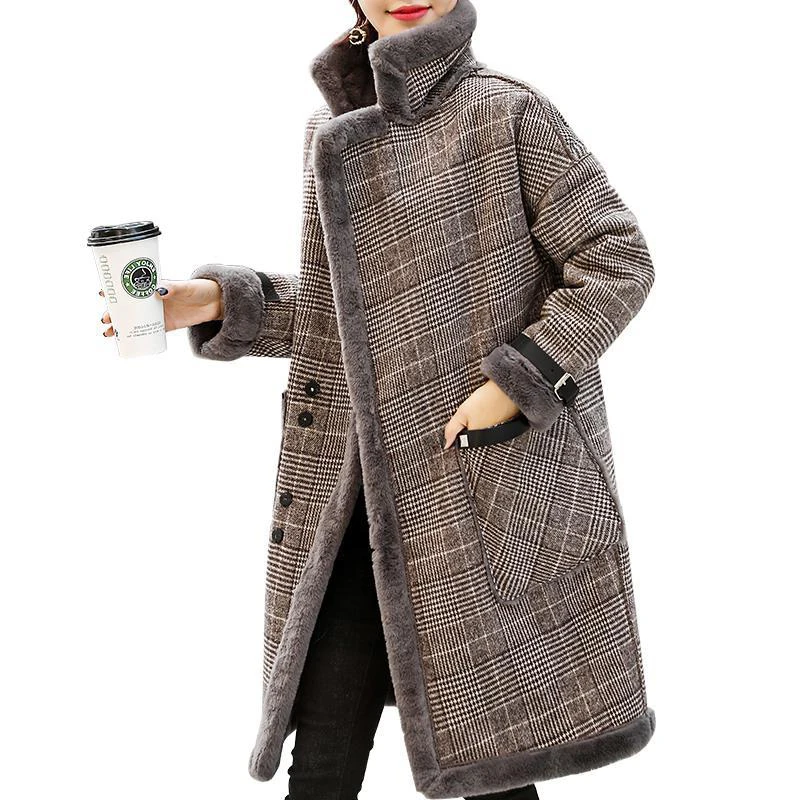 

Women Plaid coat Autumn Winter Coats Mid-Long Imitate Lamb Wool Warm Jacket Single-breasted Blended Woolen Women's jacket Outwea