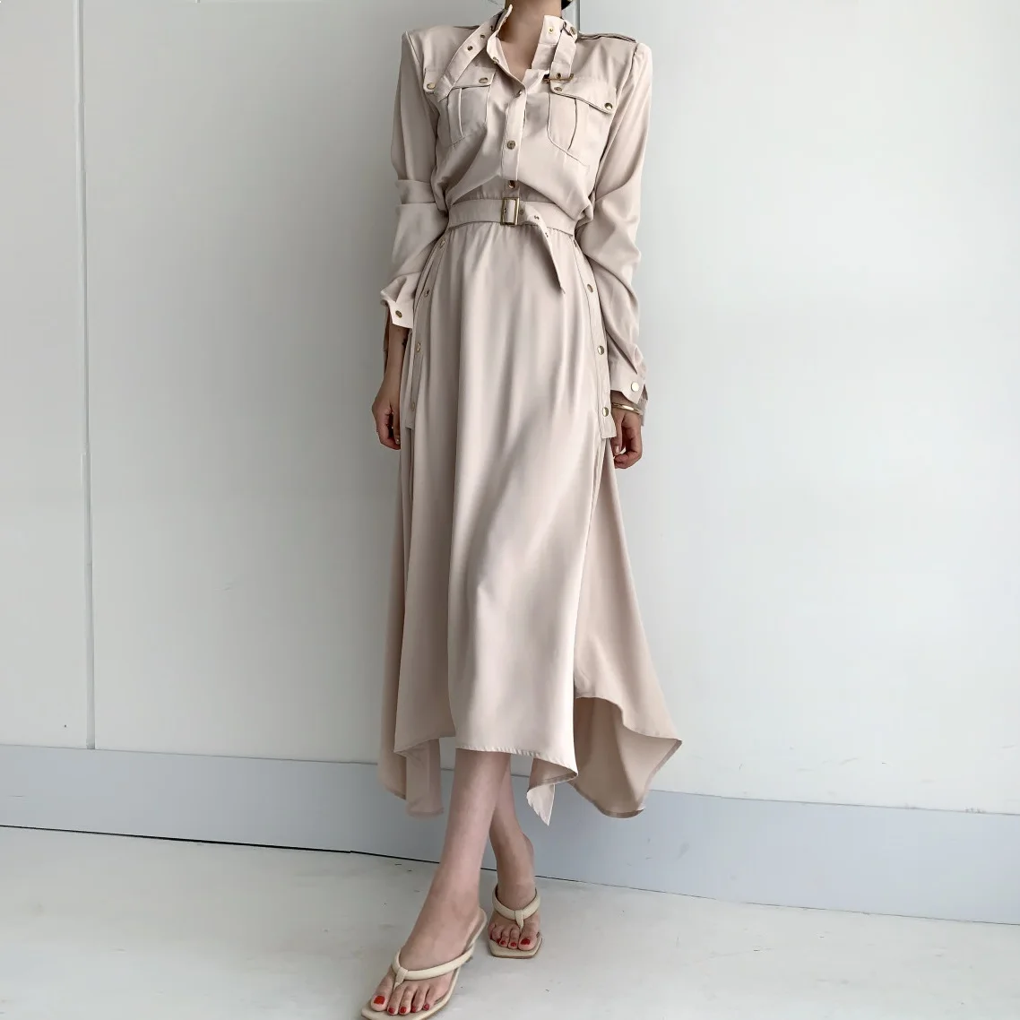 

Streetwear Elegant Women Cargo Maxi Dress Sexy High Split Long Sleeve Solid Dresses Female Chic Korean Office Lady Belt Vestido