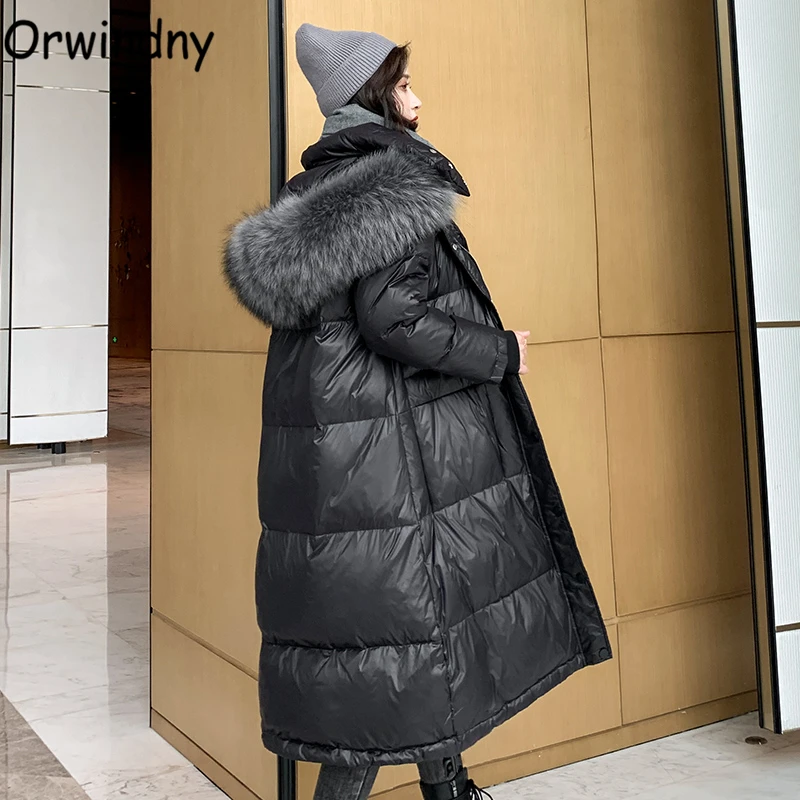 Orwindny Свободное длинное зимнее пальто для женщин с большим меховым воротником