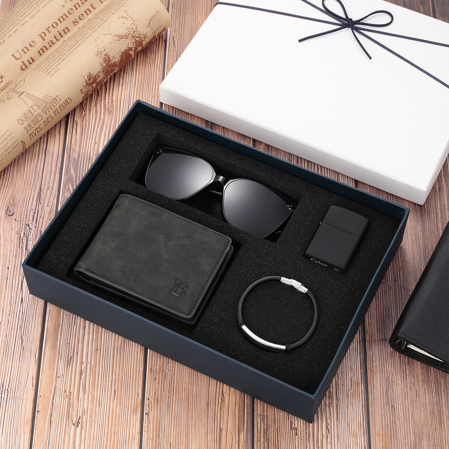 Customized Men’s Gift Box PU Leather Wallet Sunglasses Lighter Men’s Bracelet Four-piece Gift Box The Best Gift for Boyfriend