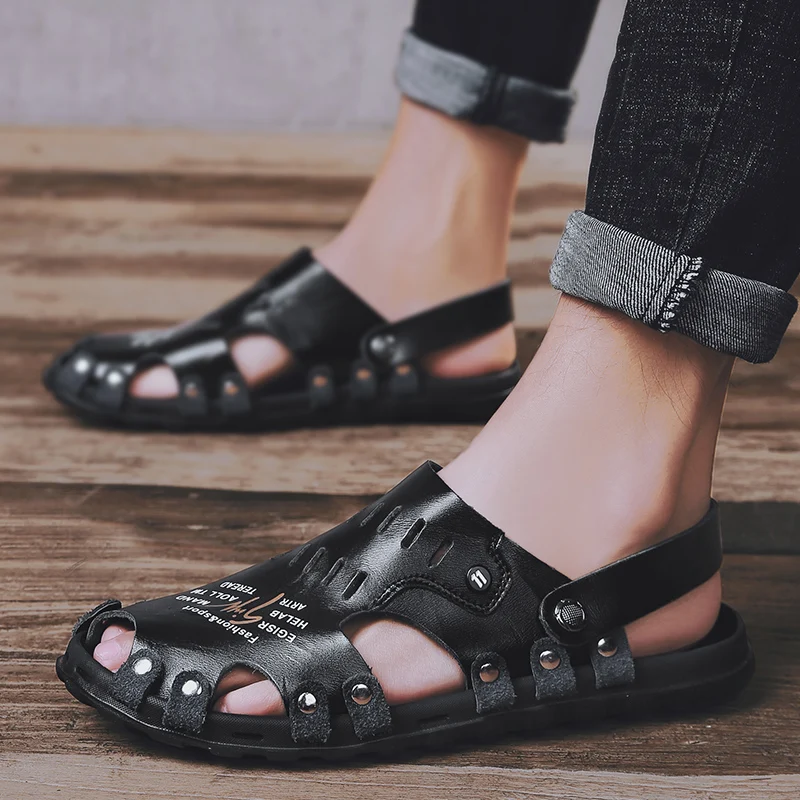 

Summer Street Fashion Trendy Mens Leather Casual Sandals Breathable Cool Beach Sandals Soft Light Non-slip Slippers for Male