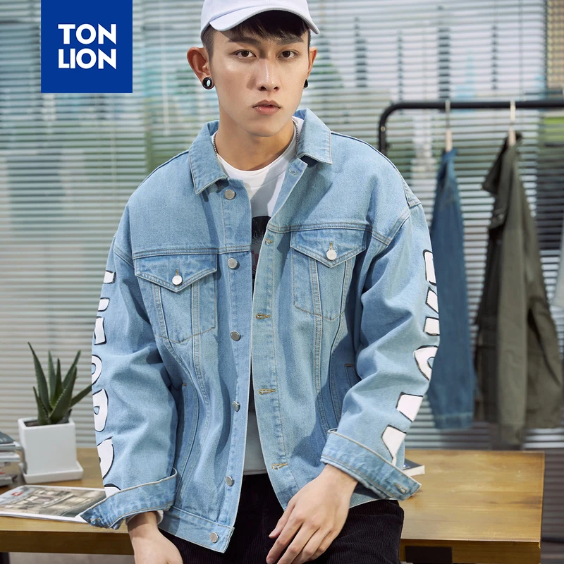 Мужская джинсовая куртка TONLION синяя с длинным рукавом и принтом в виде большой