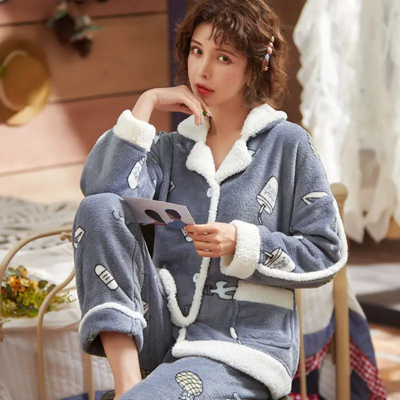 Winter Warm Flannel Women Pyjamas Sets Thick Coral Pijamas Women  fleece pajama thick flannel Long Pajamas Set for Girl