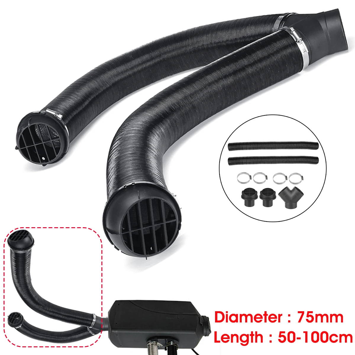 

new Car 75mm Heater Pipe Duct + Warm Air Outlet + Y Branch + Hose Clip For Parking Diesel Heater Replacement
