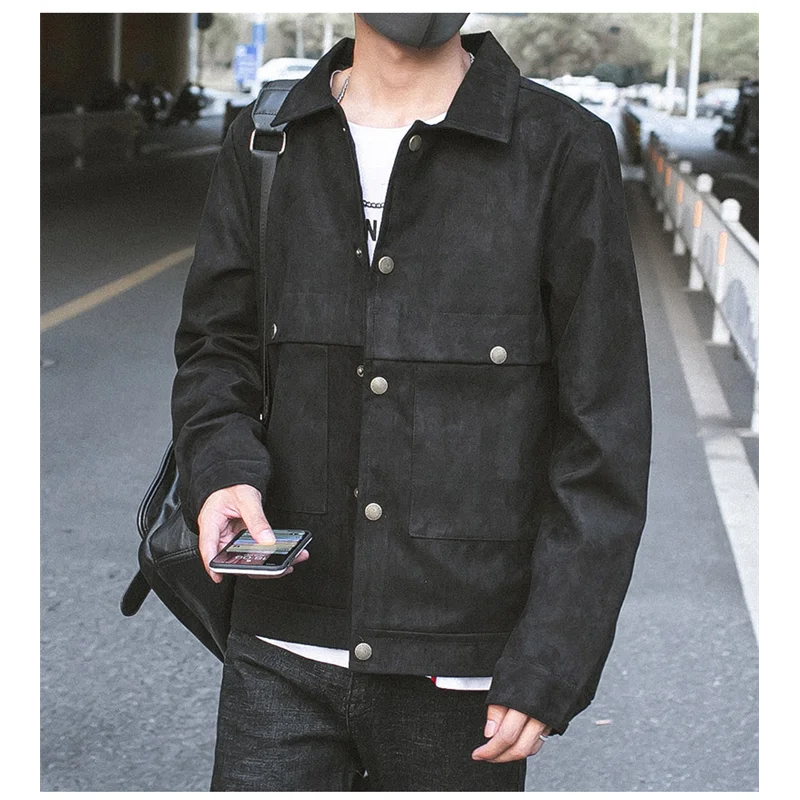 

New Men Jacket Autumn Solid Color Man Loose Windbreaker Casual Outwear Fashion Brand Male Suede Loong Sleeve Coat