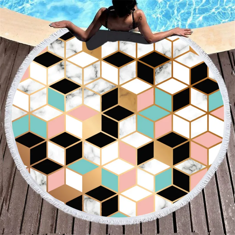 Красочные блестящие круглые пляжные полотенца золотисто зеленые мраморные