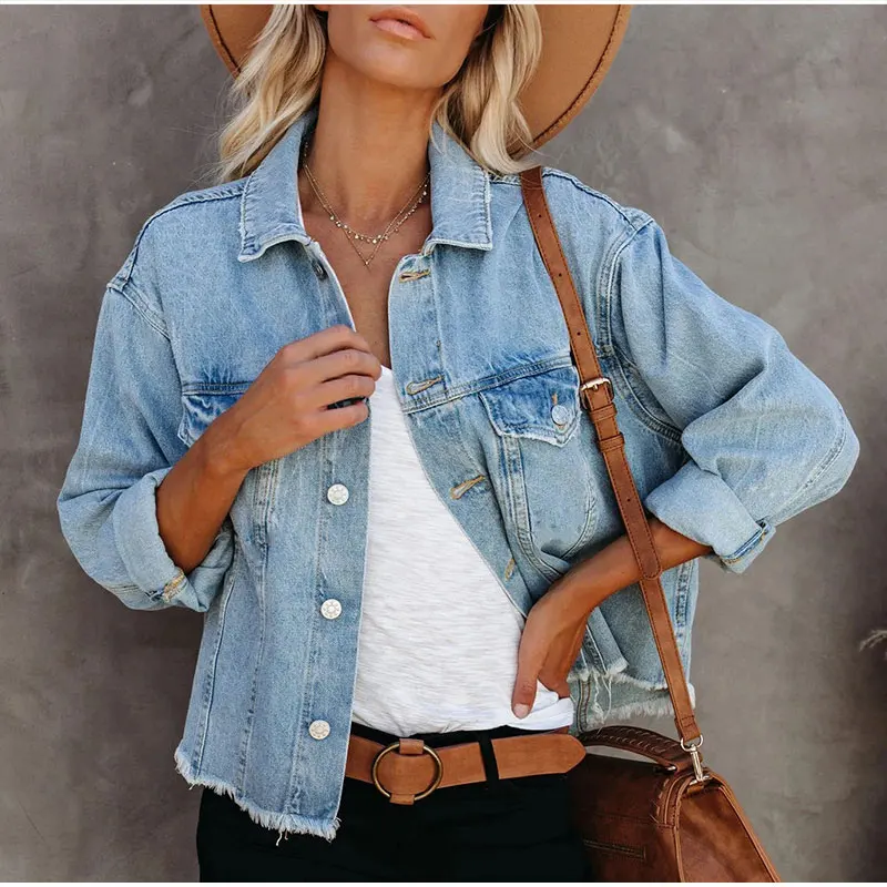 

Plus Size Loose Short Bomber Denim Jackets Vintage Tassel Long Sleeve Jeans Jacket 2021 Oversized Frayed Coats