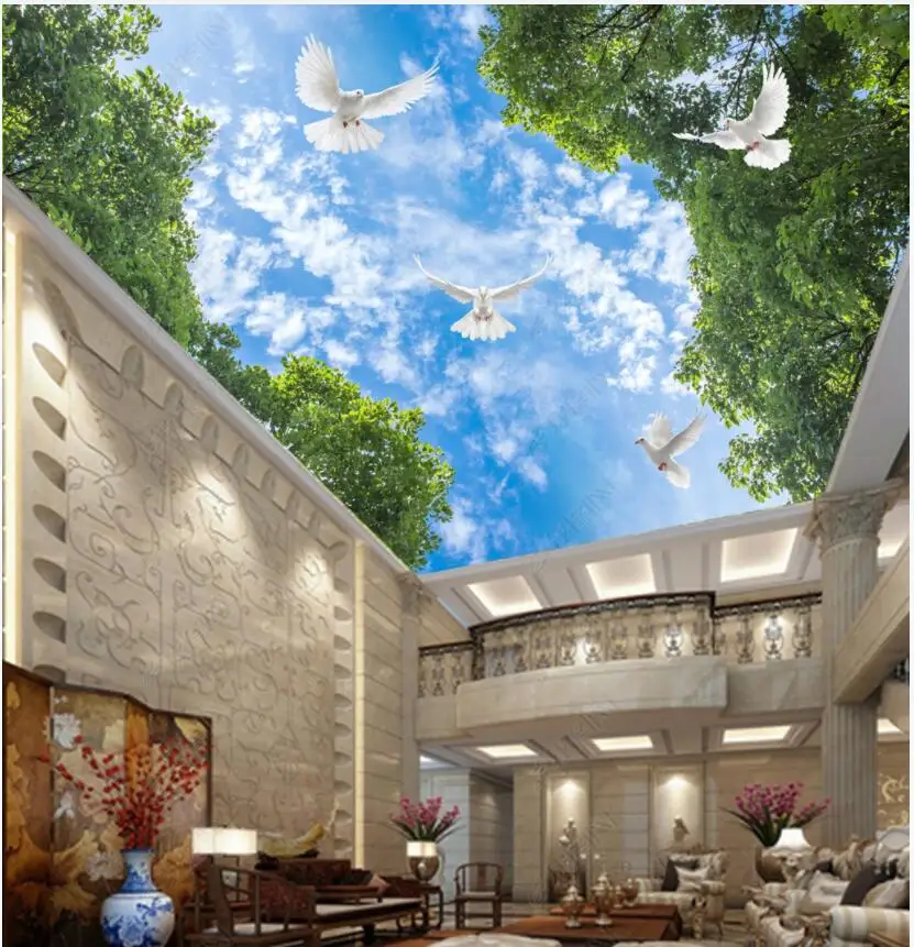 

Настенные 3D-обои с потолочной росписью, фотообои с ветками, зелеными листьями, синим небом, белыми голубями, домашний декор, для гостиной, На...