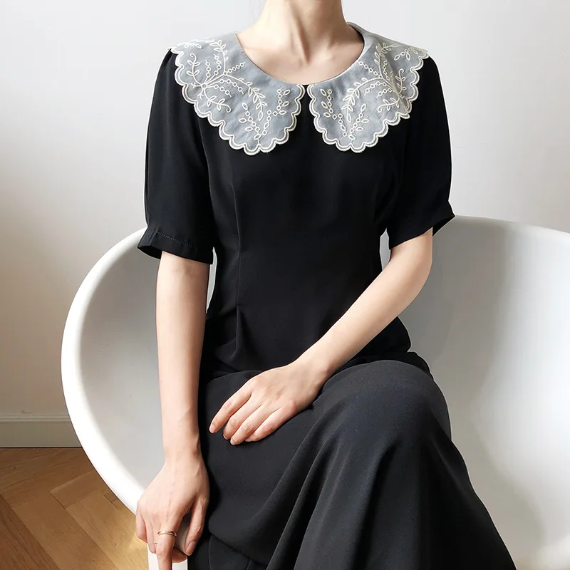 

8933 Summer Women Lace Doll Collar Chiffon Dresses French Style Vintage Fresh Sweet Girls High Waist Puff Sleeve Midi Vestidos