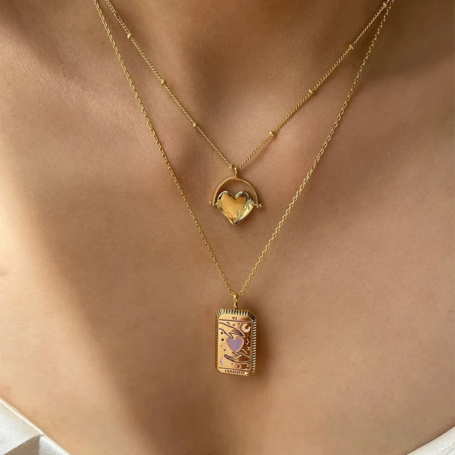 

New Creative Personality Square Necklace Tarot Power Queen Star Moon Sun Lovers Necklace For Women Girls Fashion Jewelry Gift