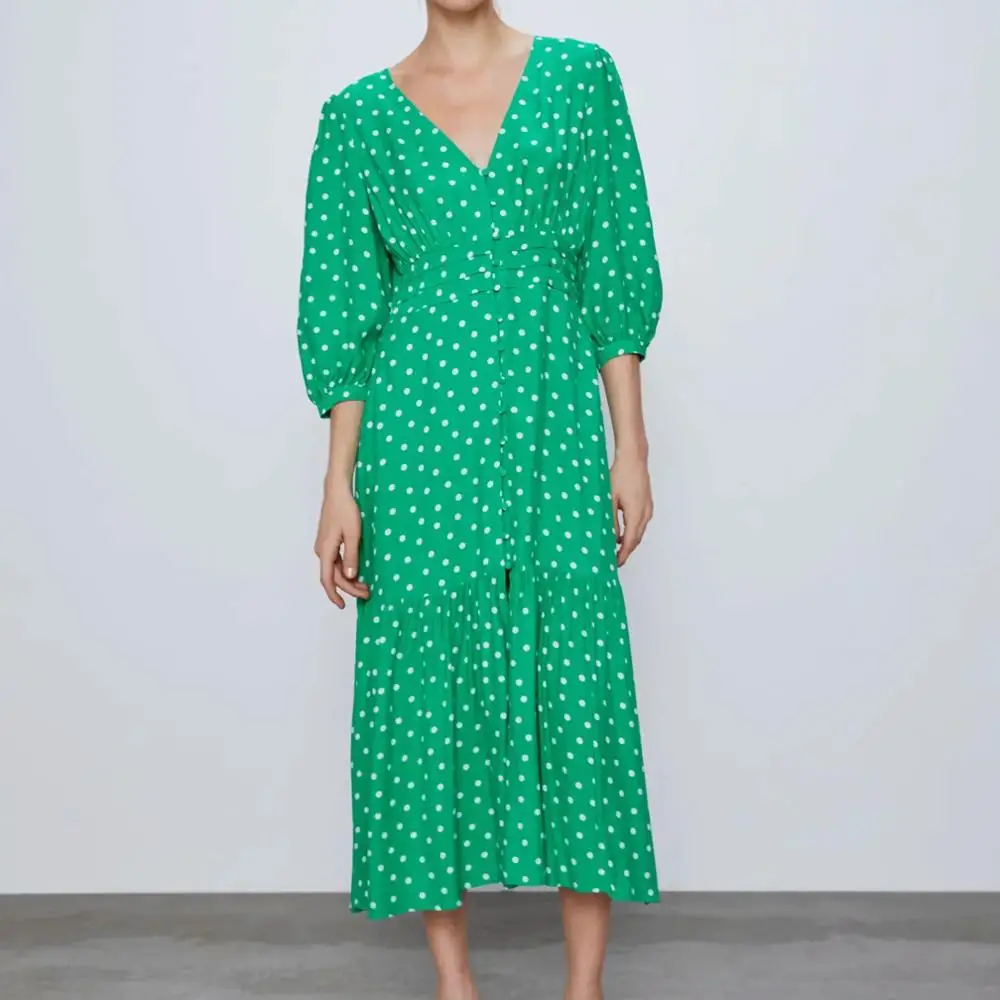 Женское платье миди в горошек с V образным вырезом и воланом|Женские платья| |