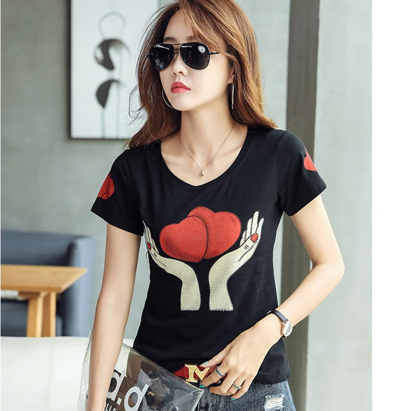 GGRIGHT Korea White T shirt Women Clothes Summer Short Sleeve Diamonds Casual TShirt Female Tops Cotton Tee Shirt Femme 2020 | Женская