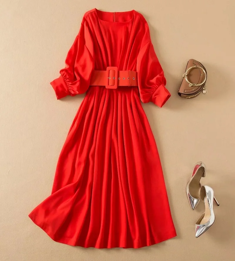 High Quality Red Dress 2022 Spring Fashion Style Women Sexy Square Collar Belt Deco Lantern Sleeve Mid-Calf Length Pleated Dress