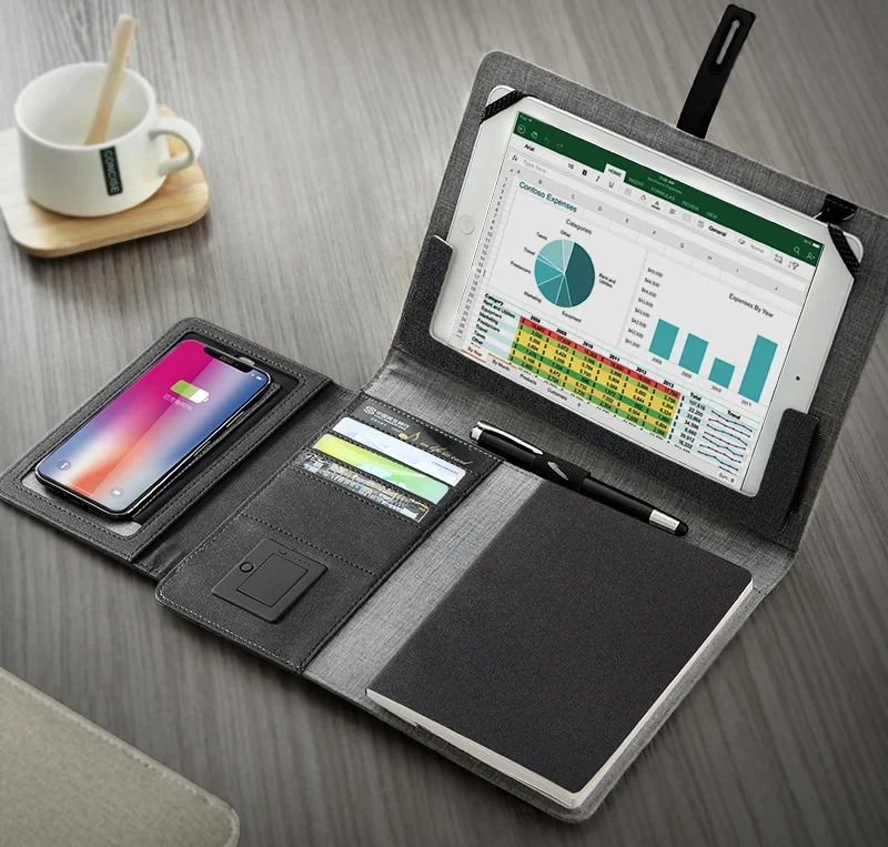 Бизнес Путешествия B5 сумка менеджера портативный padfolio ноутбук с power bank зарядное устройство провода и беспроводной зарядки iPad замок