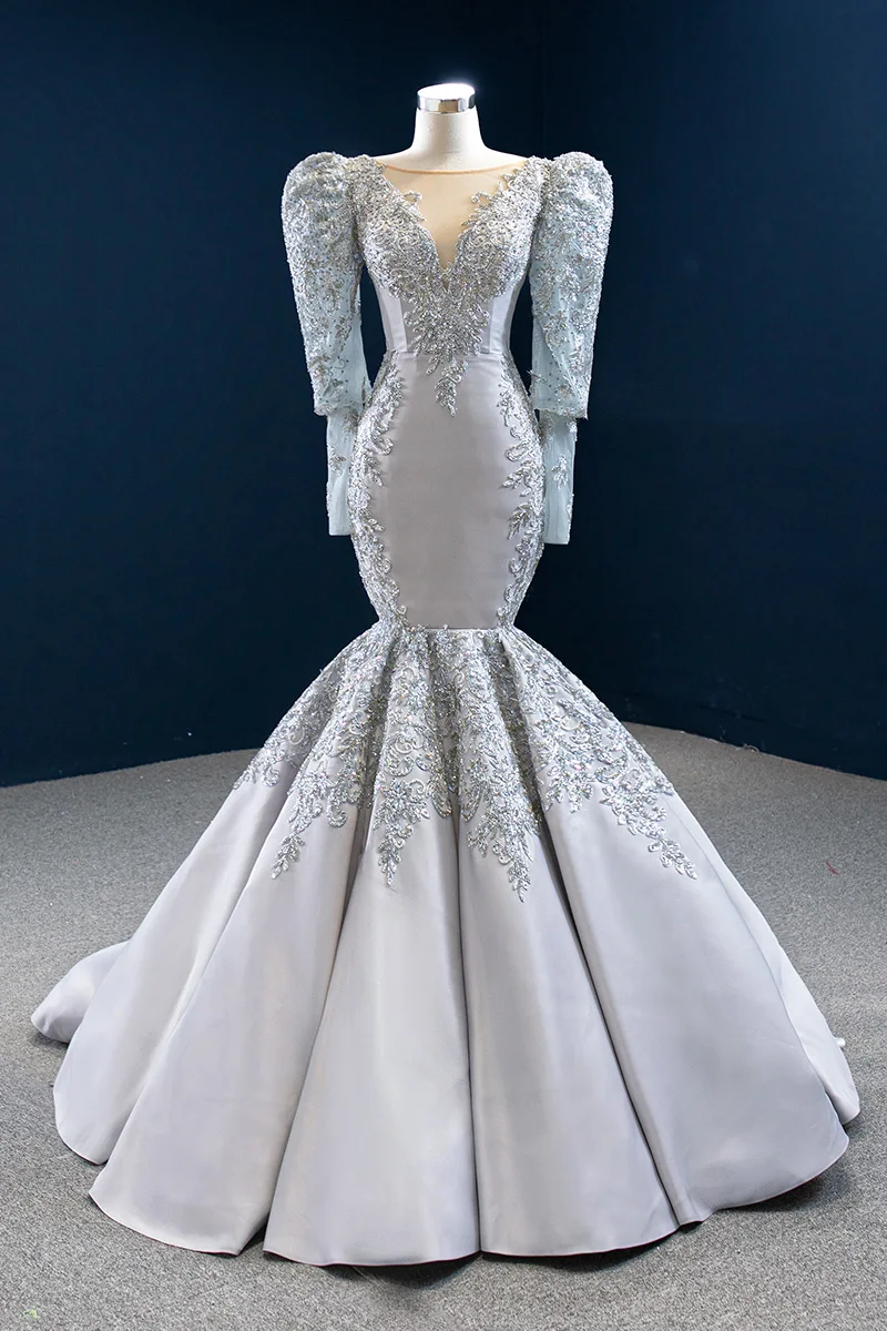 

Custom Made Fashion Amazing Gray Long Sleeves Arabic Mermaid Prom Evening Dresses