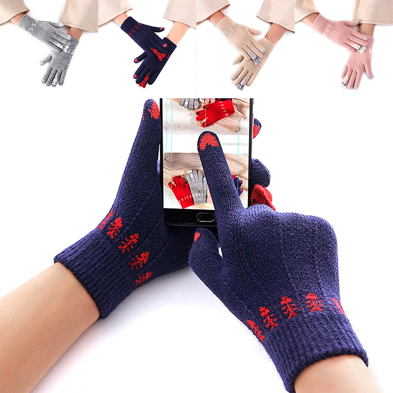 Women Warmer Winter Knitted Full Finger Touch Screen Gloves Layer Mittens Cute